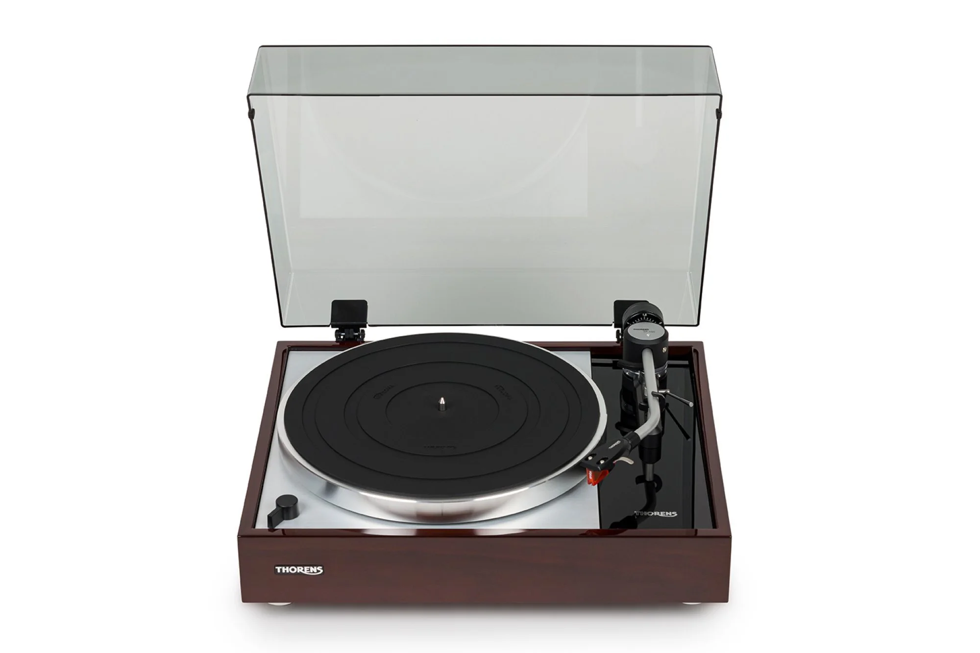 Thorens TD 1500 turntable in high-gloss walnut finish with dust cover open, featuring suspended belt-drive design, aluminum platter with rubber mat, and TP 150 tonearm fitted with Ortofon 2M Bronze cartridge.