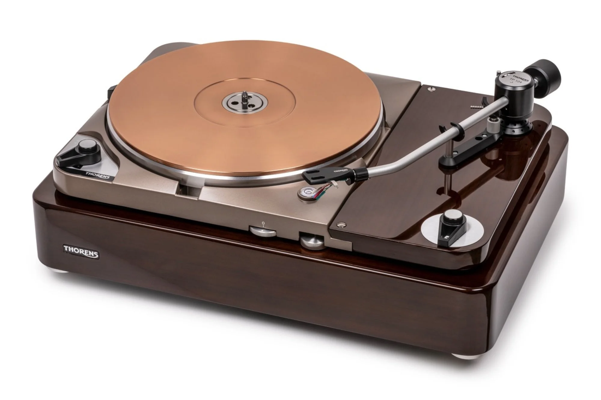 Thorens TD 124 DD Exclusive turntable in gloss walnut finish, shown in three-quarter front view with precision-machined platter, tonearm, and control interface visible.