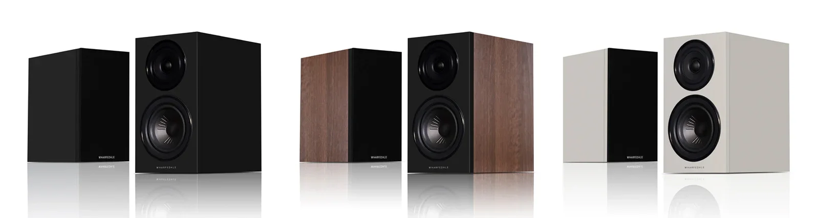 Wharfedale Diamond 12.0i compact bookshelf loudspeakers shown in Black Oak, Walnut, and Light Oak finishes, with and without the black grille installed.