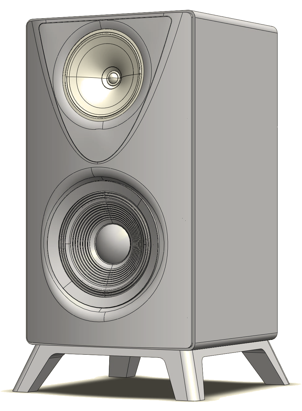 Jones & Cerreta Troubadour loudspeaker design rendering showing the concentric tweeter/midrange, front firing woofer, and stand.