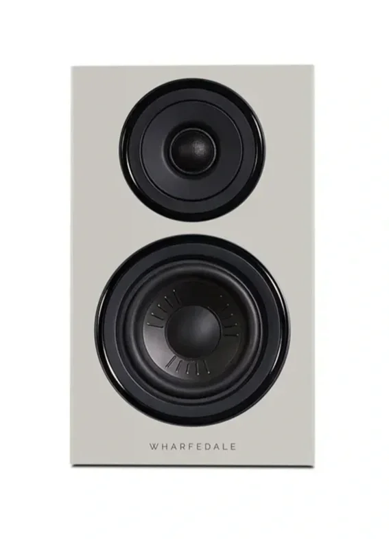 Wharfedale Diamond 12.0i compact bookshelf loudspeaker in Light Grey finish shown from the front without the grille.