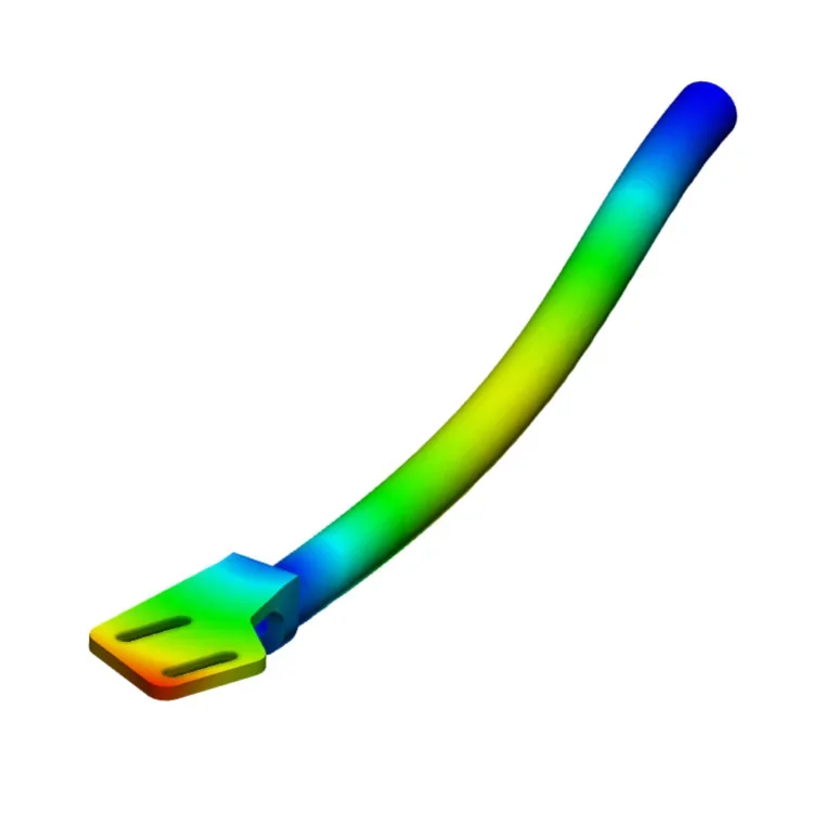 Finite element analysis of a Korf tonearm arm tube showing structural rigidity and flex under load using a color stress map.