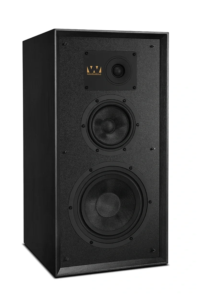 Wharfedale Super Linton three-way bookshelf loudspeaker in Black Oak finish shown from a front three-quarter angle without the grille.