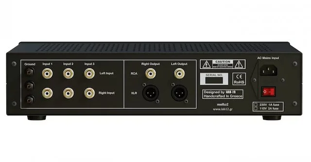 Alt text:  Rear panel of Lab 12 Melto 2 phono stage showing three RCA inputs, ground terminal, RCA and XLR outputs, and AC power inlet with voltage selector.