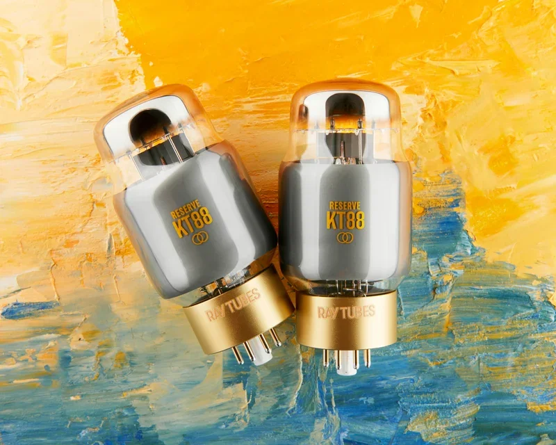 Overhead view of two Ray Tubes RESERVE KT88 vacuum tubes with metallic gray glass and orange lettering, set against an abstract oil painting.