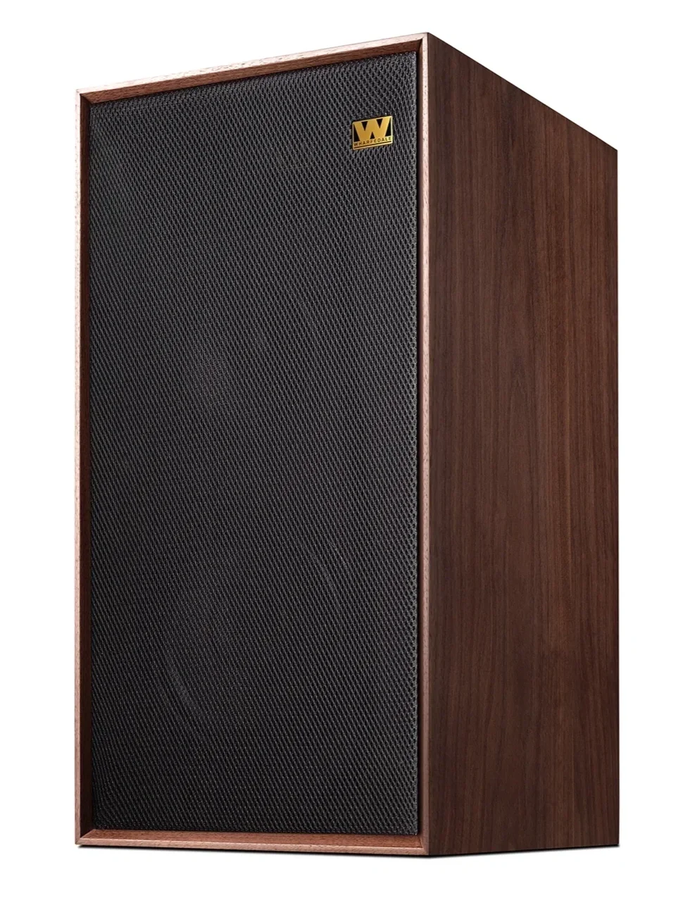 Wharfedale Linton speaker, walnut wood veneer cabinet with black grill.