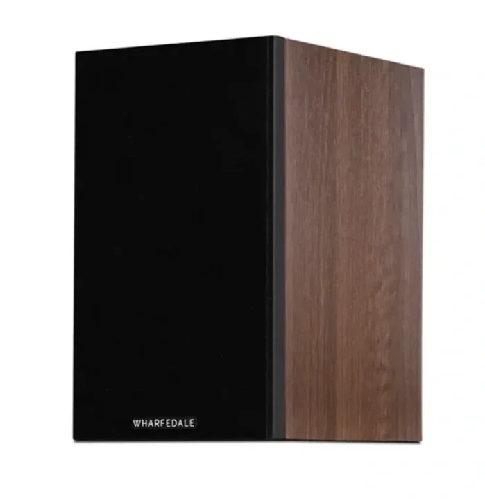 Wharfedale Diamond 12.0i speaker, walnut wood veneer cabinet with black grill.