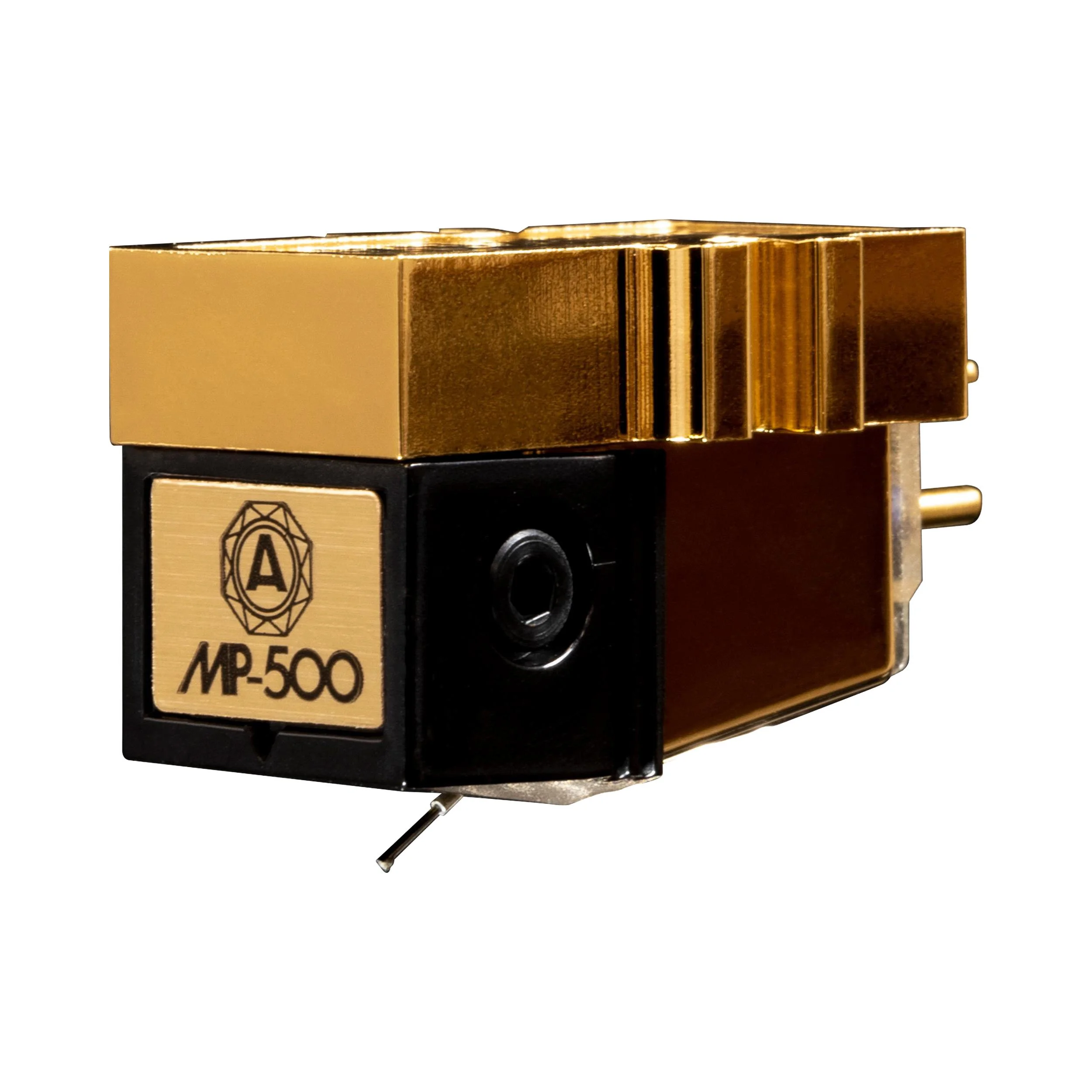 Nagaoka MP-500 shown in three quarter perspective with gold body and black stylus assembly