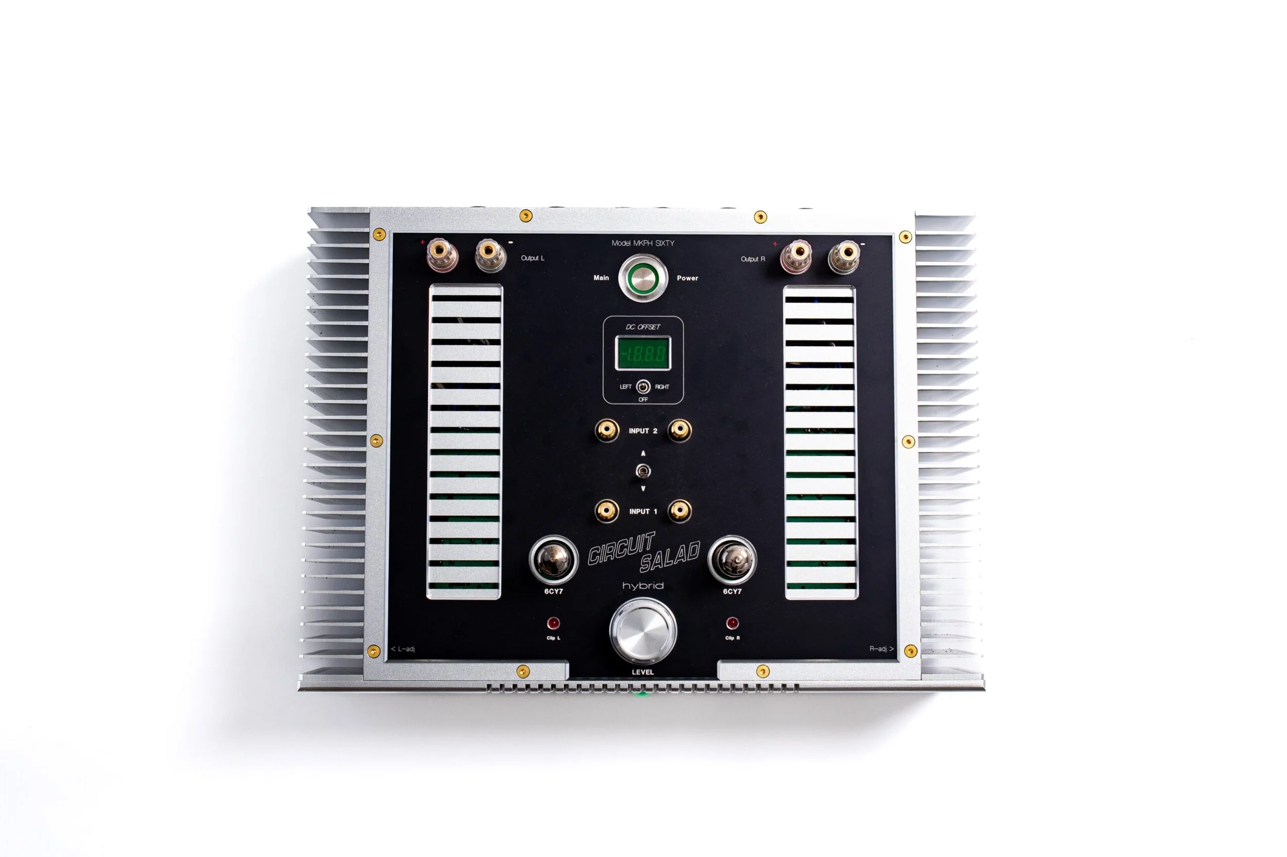 Whammerdyne Circuit Salad hybrid amplifier shown from above, featuring symmetrical layout with dual tubes, central control panel with green display, multiple inputs, and large side heat sinks in a brushed aluminum and black chassis.