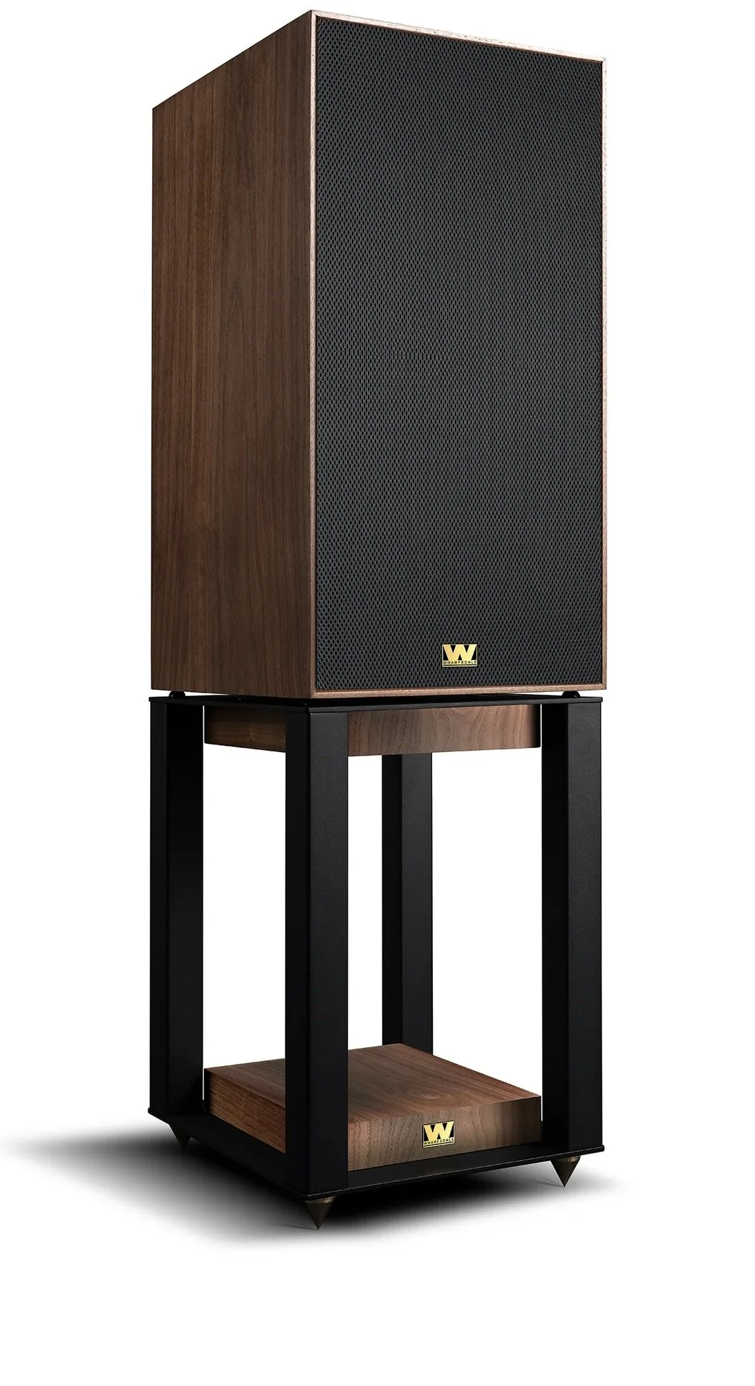 Wharfedale Super Linton speaker on stand, wood veneer cabinet with modernized classic styling.