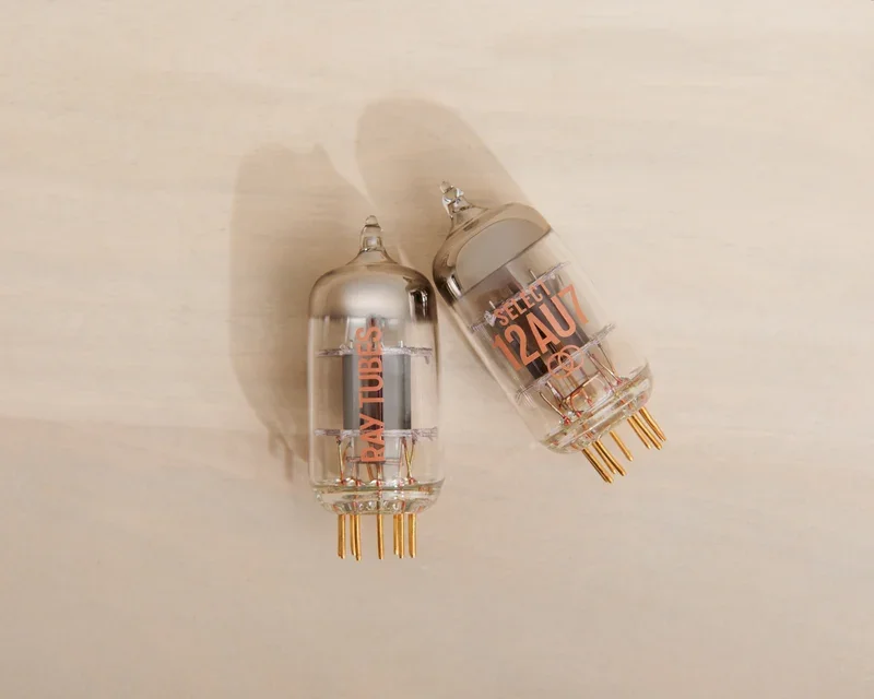 Overhead view of a pair of Ray Tubes SELECT 12AU7s laying on their sides against a light background.