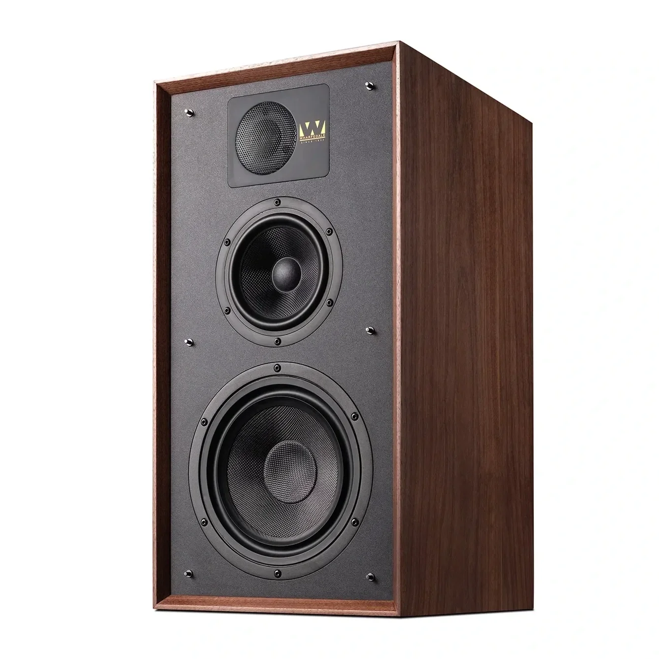Wharfedale Linton 85 three-way bookshelf loudspeaker in Walnut finish shown from a front three-quarter angle without the grille.