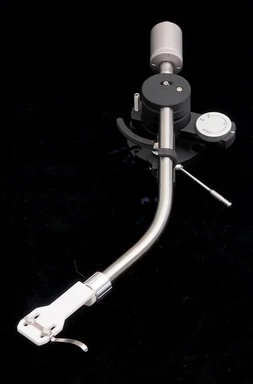 Front view of Korf TA-SF9R removable-headshell tonearm with curved stainless-steel arm tube shown against a black background.
