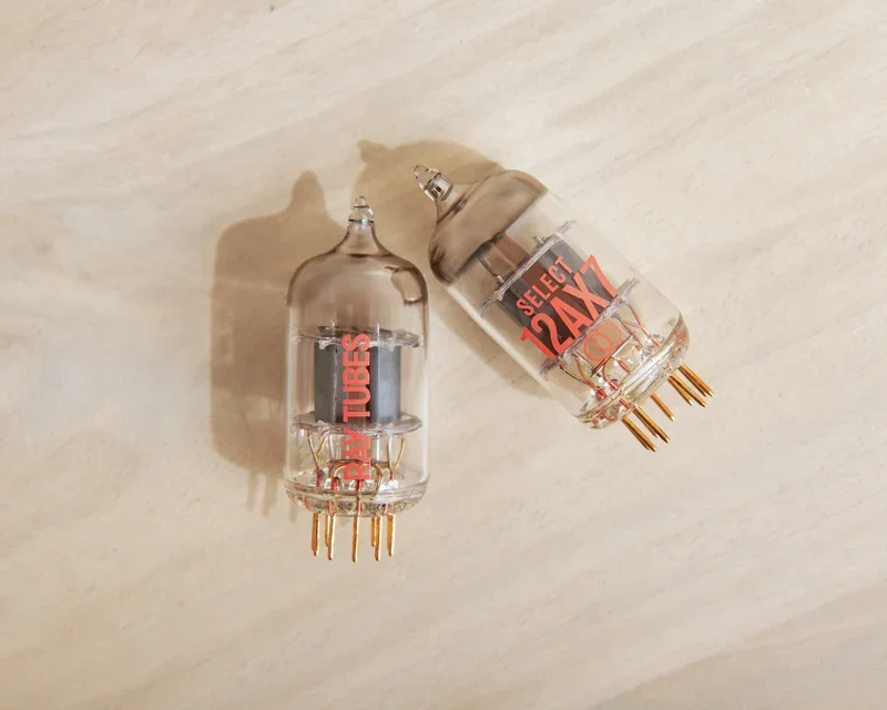 Overhead view of a pair of Ray Tubes SELECT 12AX7s laying on their sides against a light background.