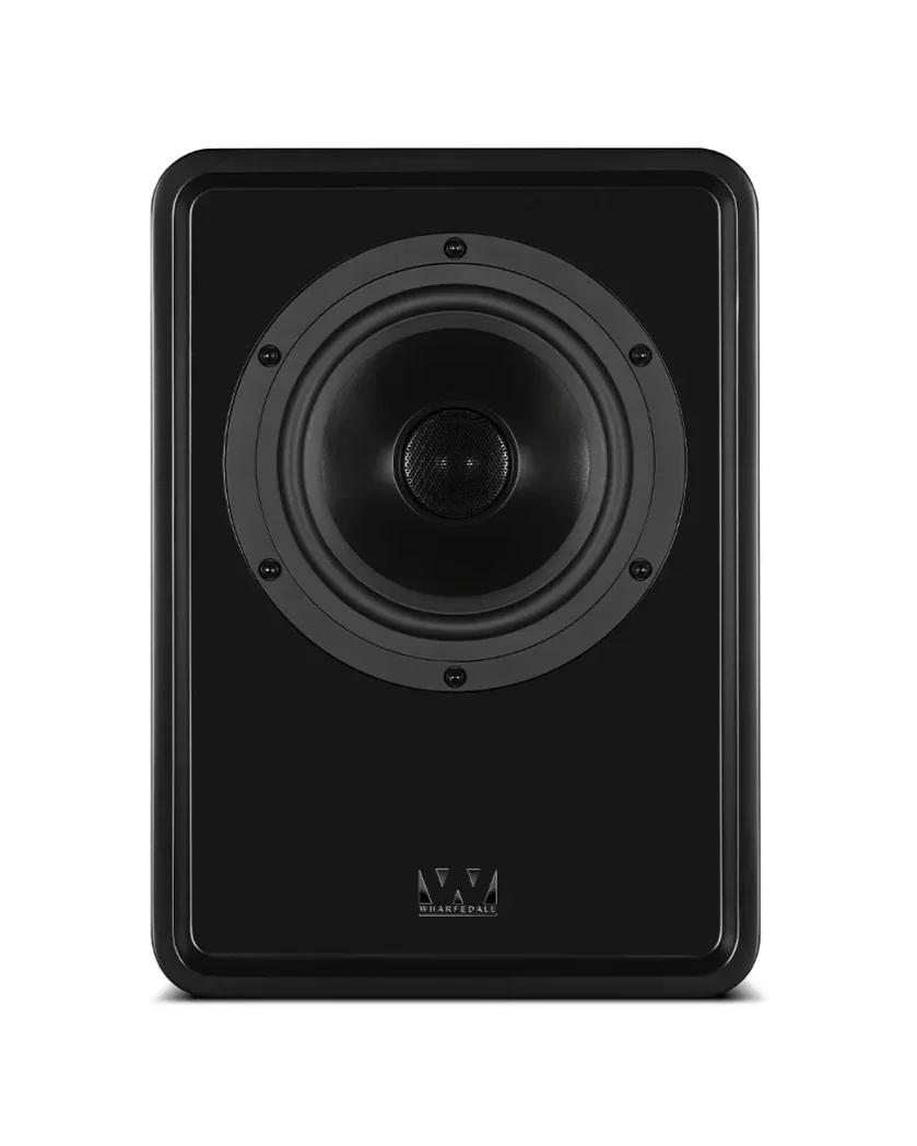 Front view of the Wharfedale Denton 1S in Black finish, showing the coaxial driver with the tweeter mounted at the center of the mid/bass driver.