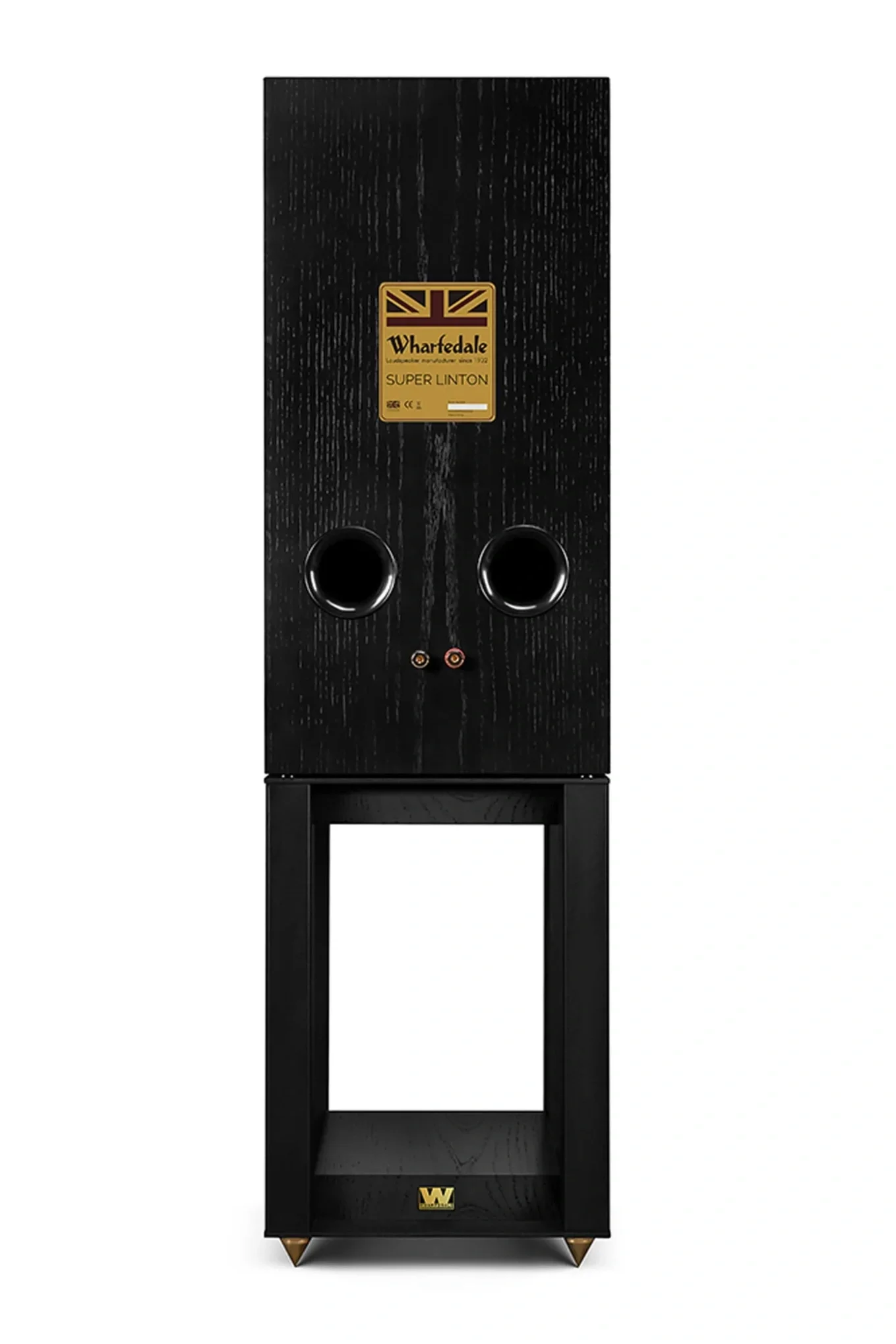 Rear view of the Wharfedale Super Linton in Black Oak finish on its matching stand, showing the twin rear bass ports and speaker terminals.