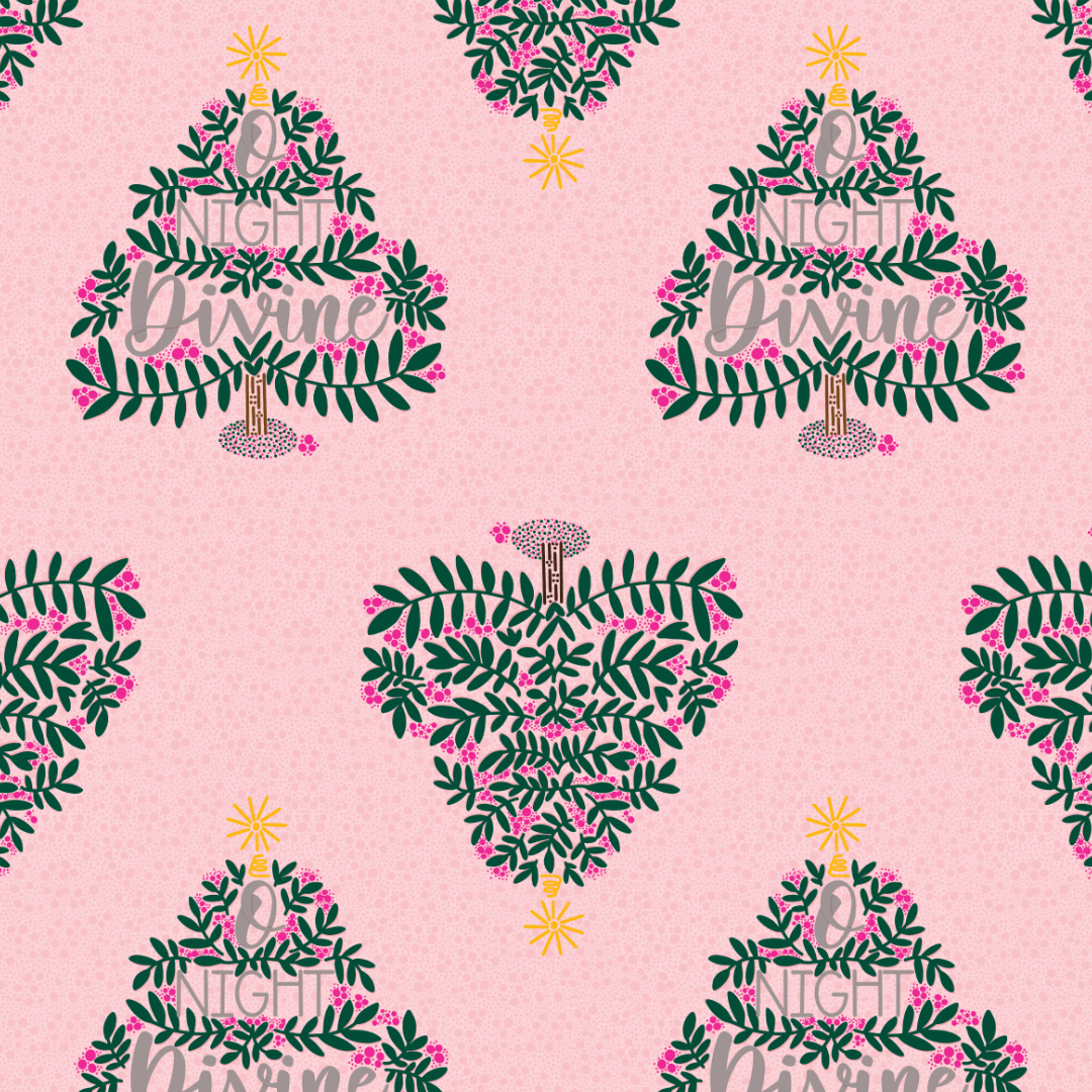 Hand drawn vector illustration pattern of alternating christmas trees, some of the trees have handlettering O Night Divine within the tree.