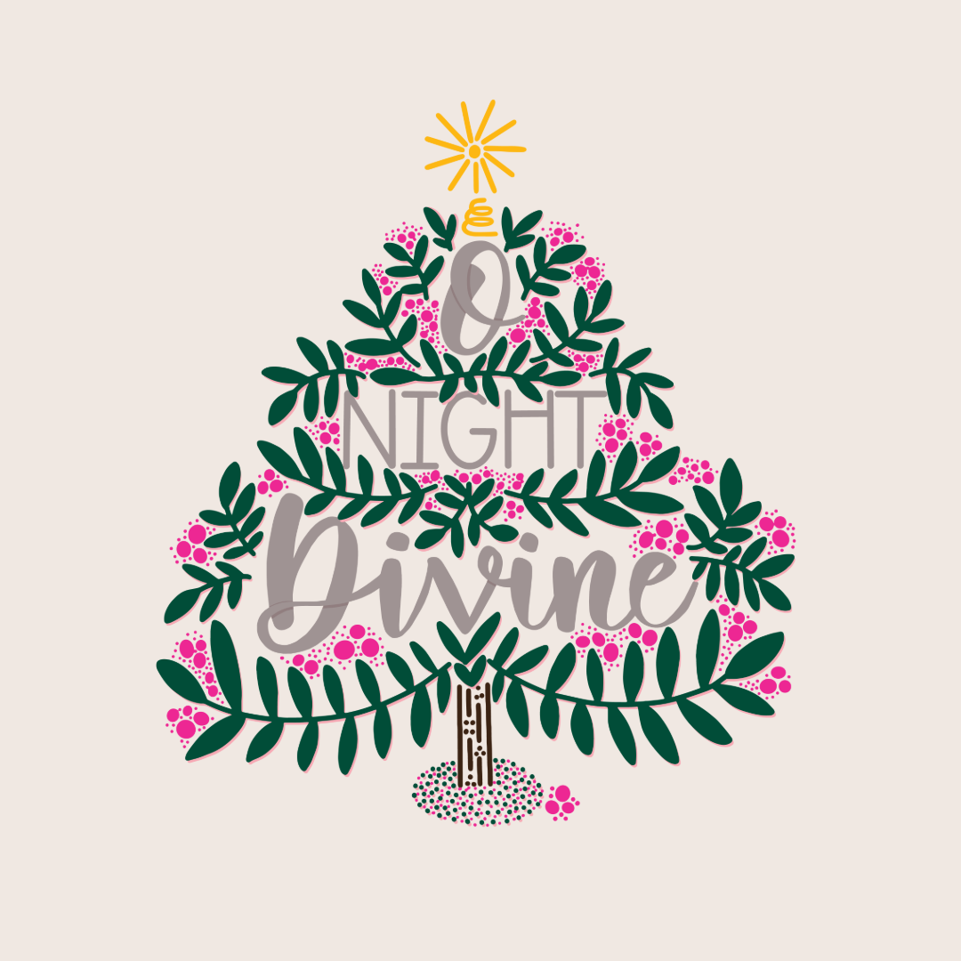 Hand drawn vector art of a vintage inspired Christmas tree with handlettering O Night Divine set within the tree.