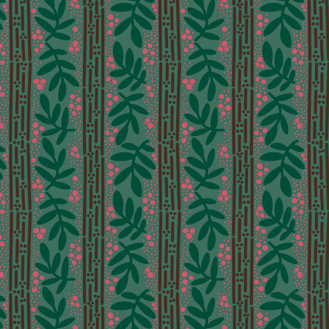 Hand drawn vector illustration pattern of stylized tree bark, berries and leaves.