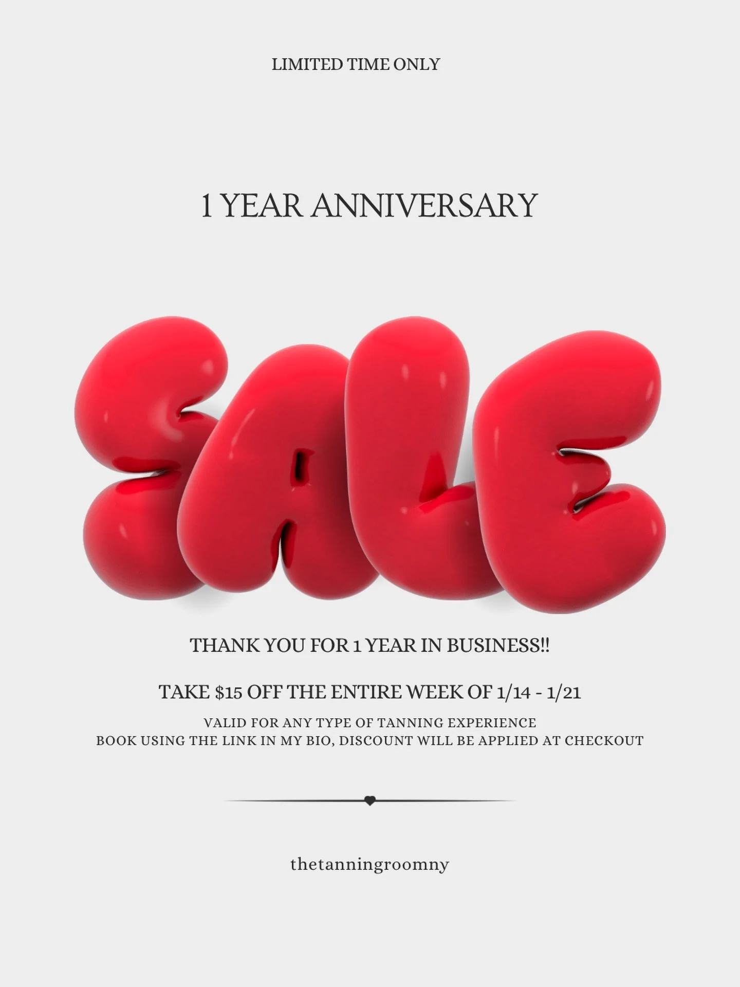 1 YEAR OF THE TANNING ROOM!🤎

Couldn&rsquo;t be more grateful for the outpouring love on my side endeavor, I&rsquo;ve put so much work into this little space and I&rsquo;m so proud of it🥹
Thank you to everyone who has stepped into the tent, cheered