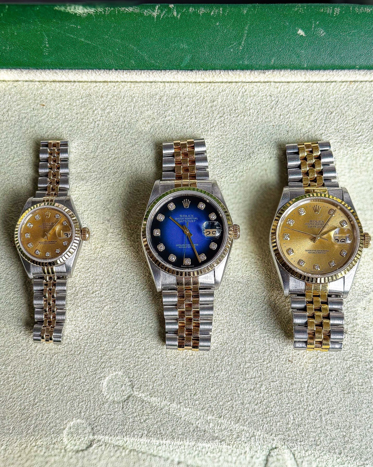 Diamantskiver p&aring; Rolex Datejust giver altid lidt ekstra bling og opm&aelig;rksomhed. Her har vi 3 forskellige udgaver i forskellig str. og eller udtryk. 

Alle p&aring; lager og klar til salg😁
