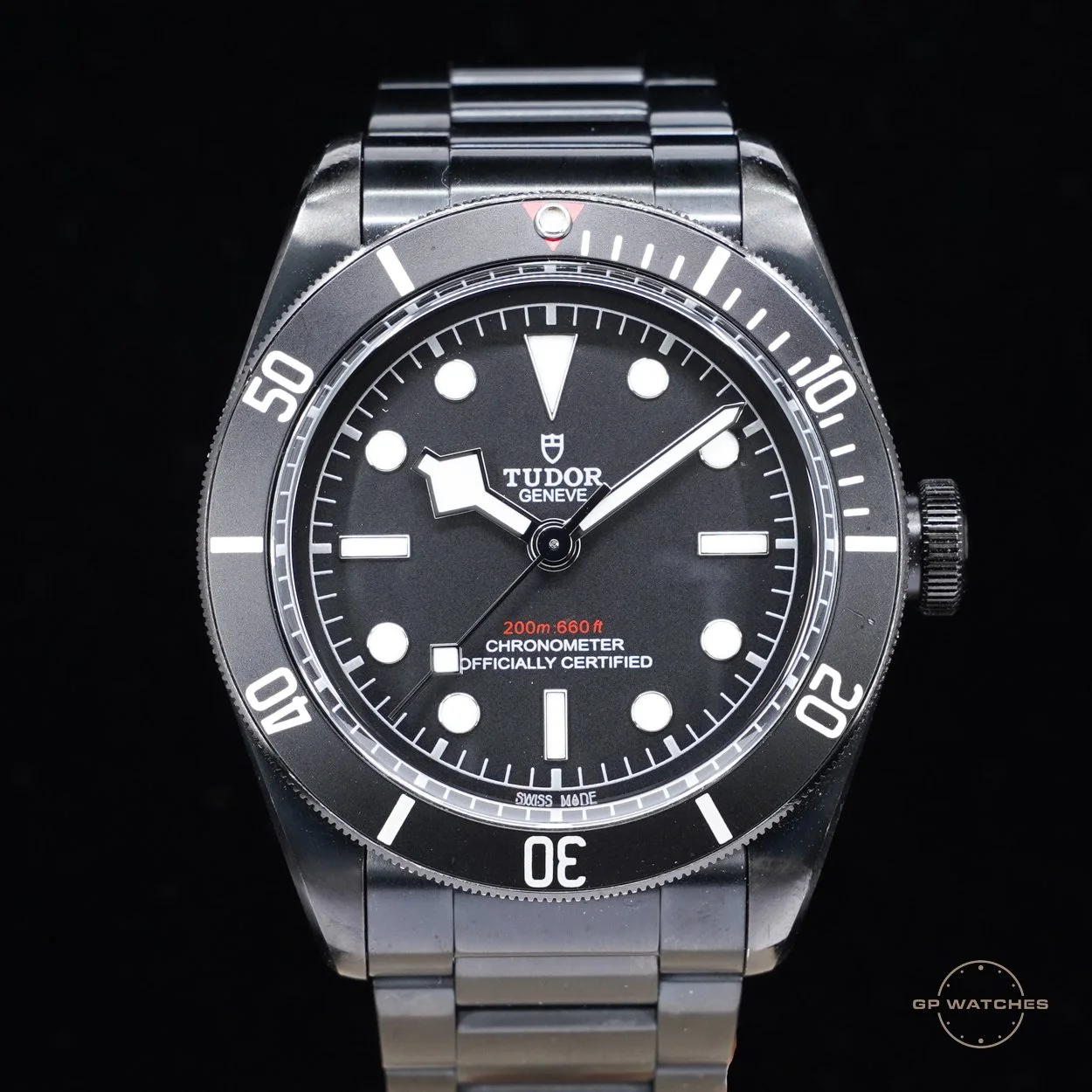 A Tudor Black Bay Professional dive watch with a stainless steel bracelet, black dial, and rotating bezel showing minute markings, with luminous hour markers and hands, and red text indicating water resistance.