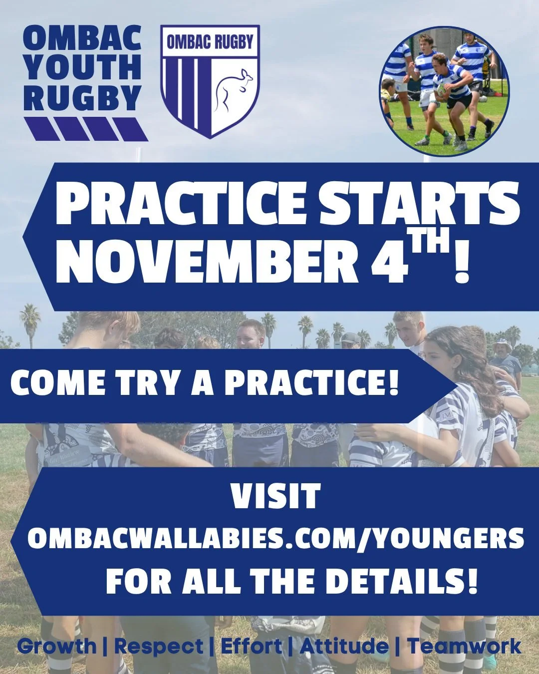 Curious about rugby but don't know where to start? Practices start Tuesday Nov 4th and we invite you to come check it out! Meet players, coaches, parents and have all your questions answered! 

Head over to ombacwallabies.com/youngers for all the inf