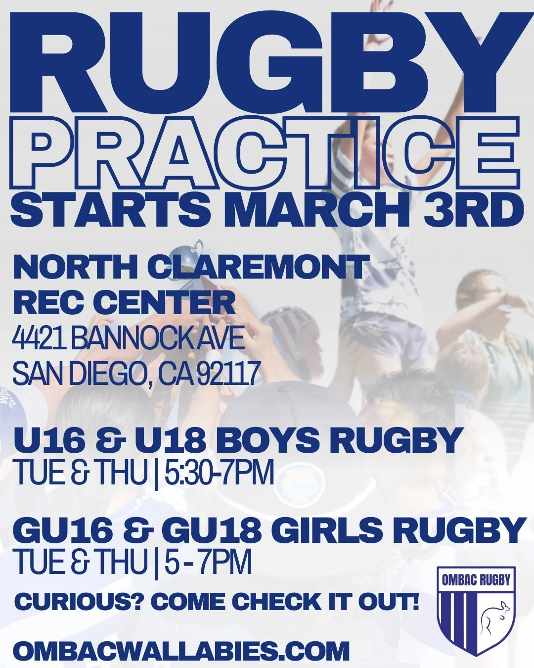 LETS GO! Practice for our olders season starts Tuesday March 3rd
📍 - North Claremont Rec Center, 4421 Bannock Ava, San Diego, CA92117
📅 - Tue &amp; Thu (5:30-7 for Boys, 5-7 for Girls)