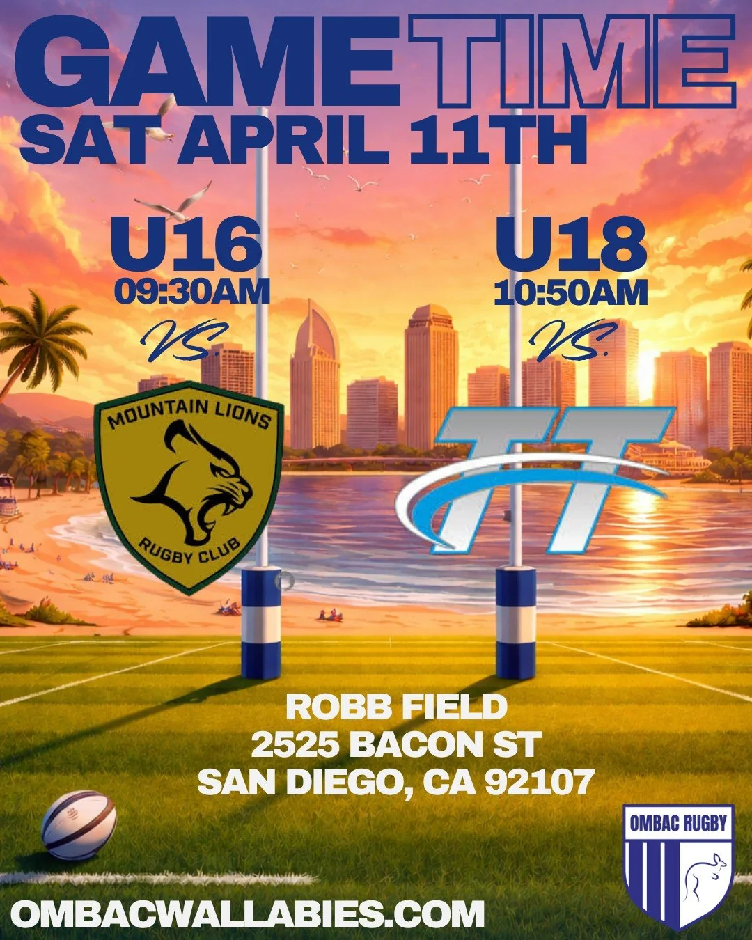 The weather looks like it is behaving and Robb Field is getting busy this Saturday! Our U16s take on Temecula and our U18's play Try Time. Let's get out an support our boys! 

Meanwhile on the other field, the SoCal Rugby Championships start at 10am,