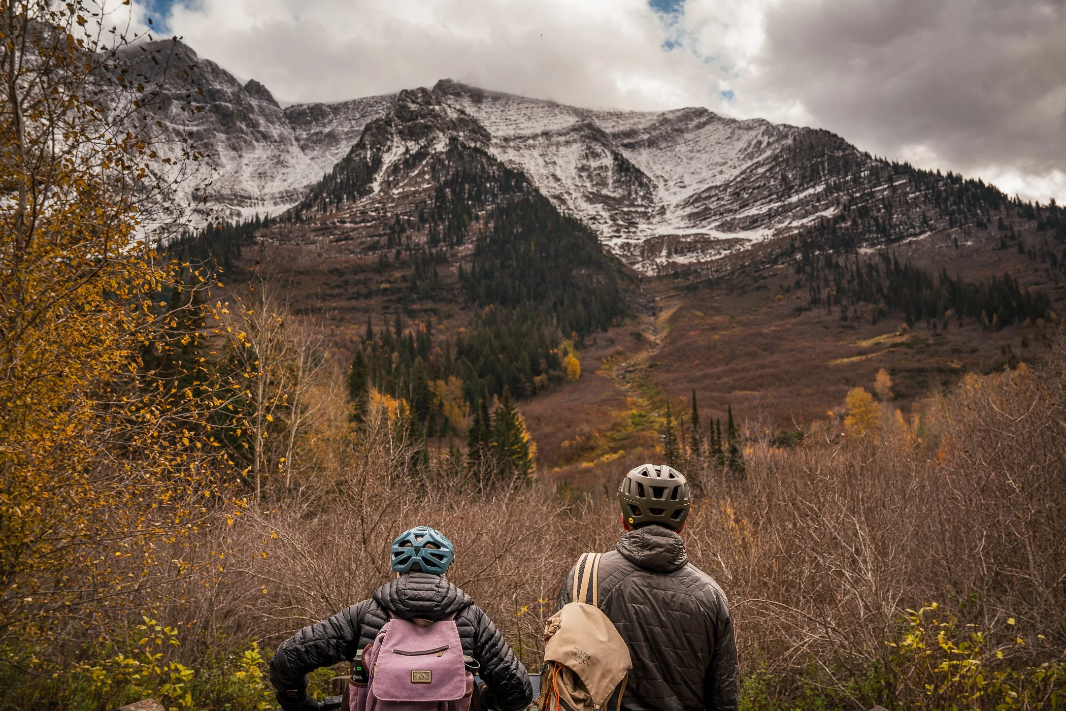 two bikers on going to the sun road looking at bears in the distance with the fall colors