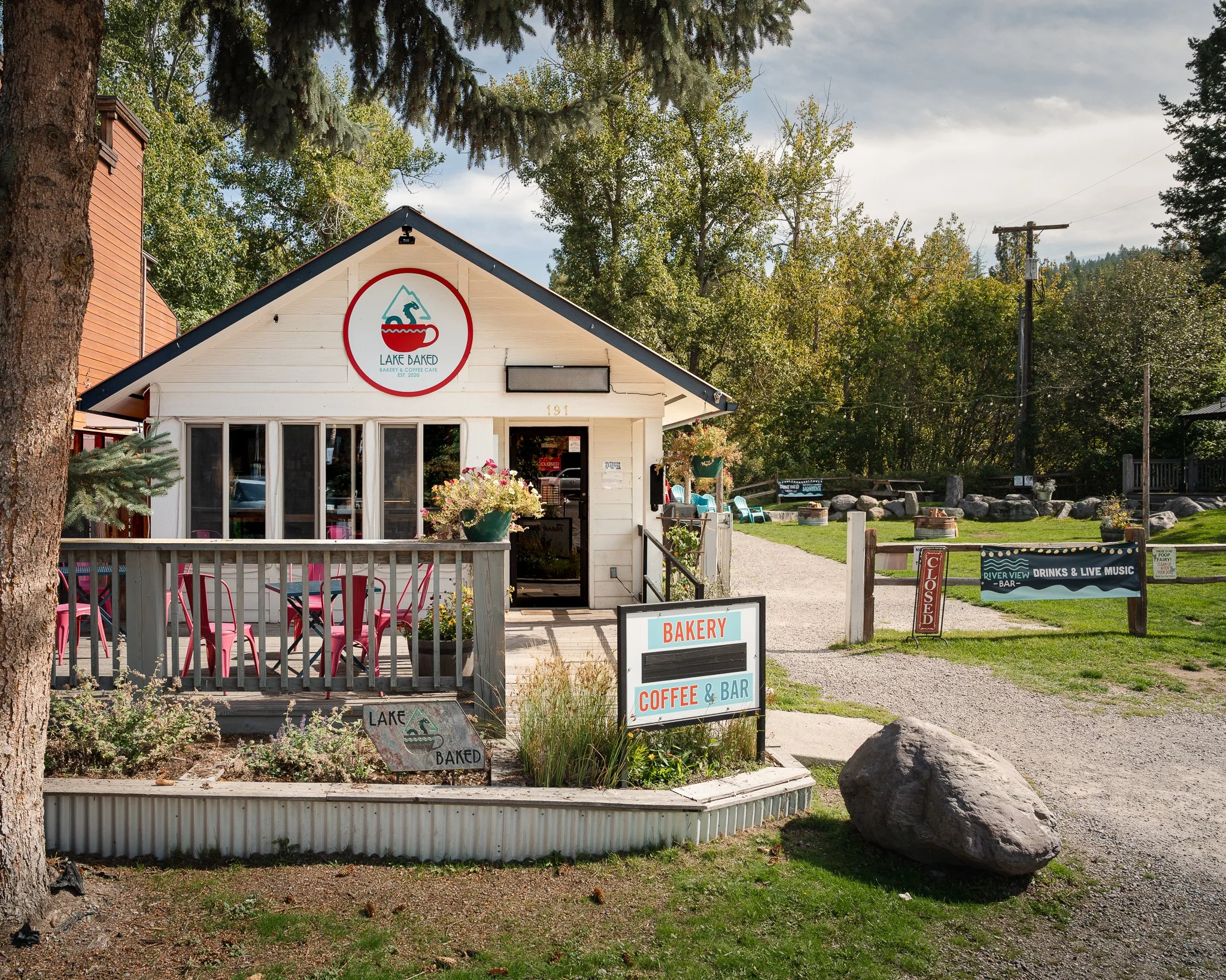 Exterior of Lake Baked bakery and coffee cafe in Bigfork, Montana.