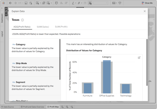 A dialog box titled "Explain Data" with several sentence-length runs of text and a vertical bar graph