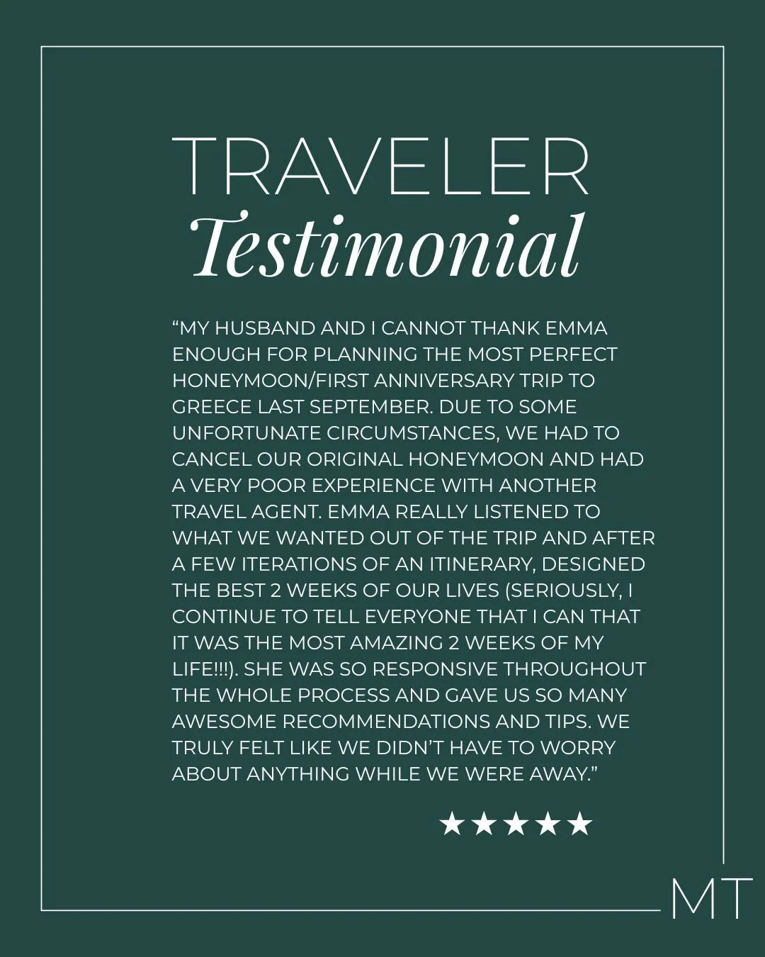 Testimonial 💬

It&rsquo;s an absolute joy to help bring your travel dreams to life. ✨ 

Every destination, every detail, every unforgettable moment -- being part of your journey means the world to us.

Your stories remind us why we do what we do: to