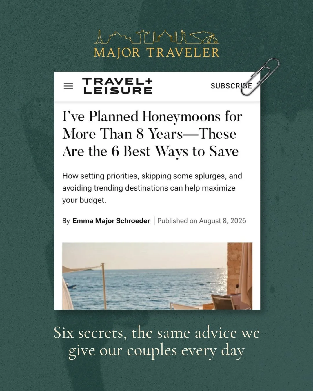Our founder, Emma, wrote an article in Travel + Leisure, talking about the thing engaged couples ask us most. From knowing where to splurge to the places you can save, she shares her best advice for honeymooning beautifully and smartly.&nbsp;

The ad