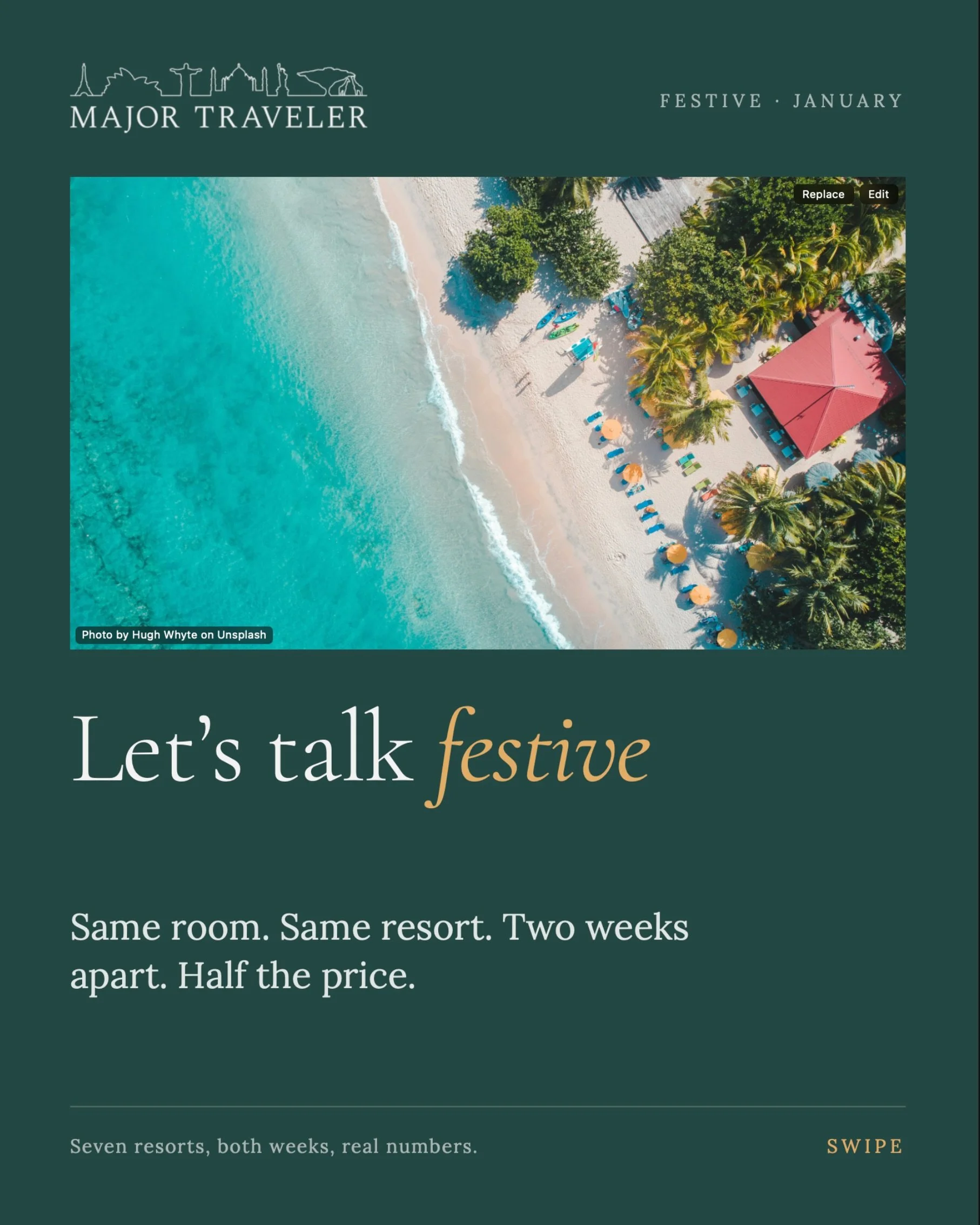 Same resort. Same view. Same luxury. Just two weeks later. 

We compared 7 luxury resorts side by side: festive week pricing vs January 10. The gap is staggering.

Your dream vacation doesn&rsquo;t have to wait until prices drop randomly. Timing is s