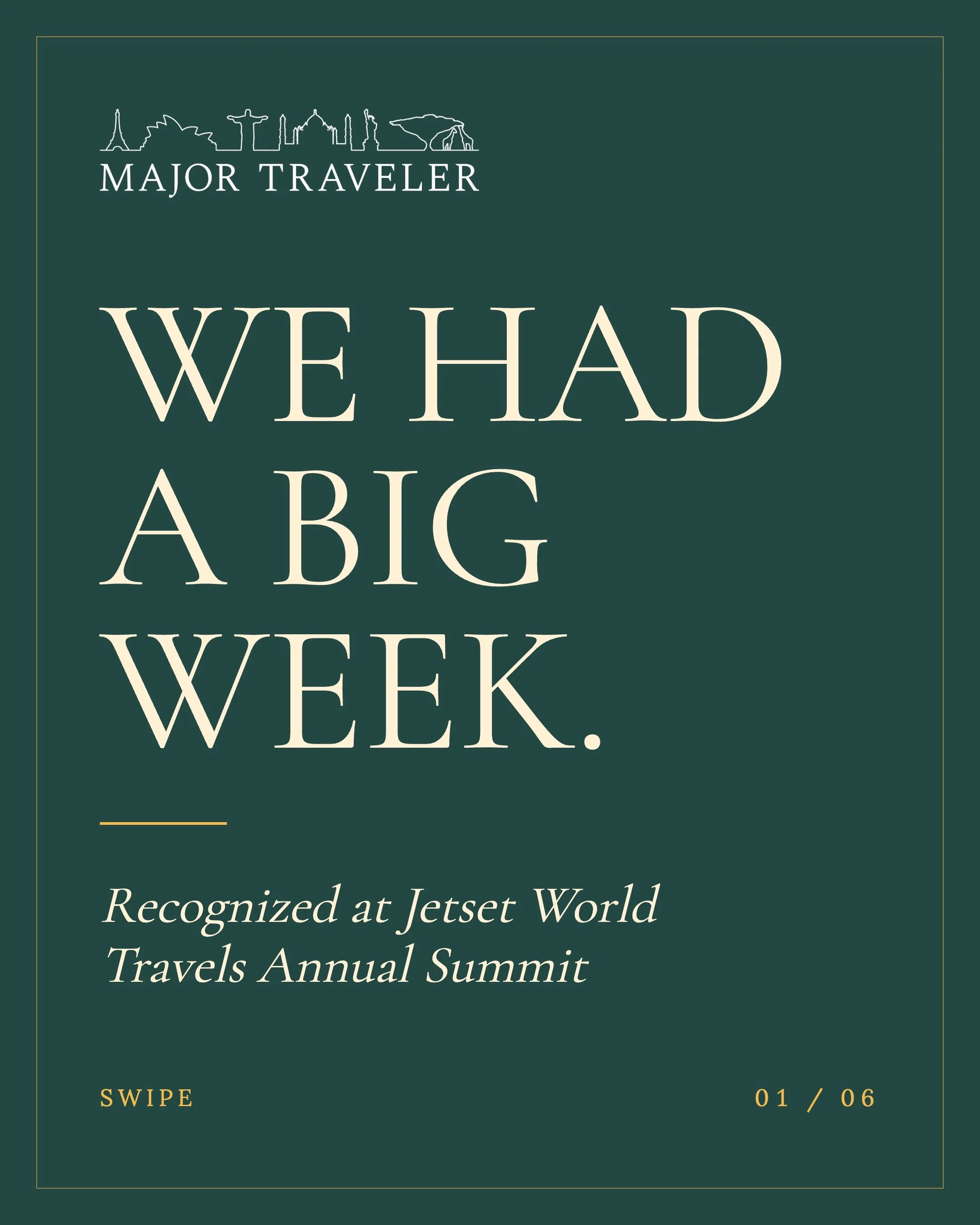 Our team is so honored to have been recognized at Jetset World Travels&rsquo; annual Summit this week! Our highlights:

✨ Our entire agency, recognized as a top team at Jetset with over $15M in annual travel sales

✨Rising Stars: Camryn Wolf and Emil