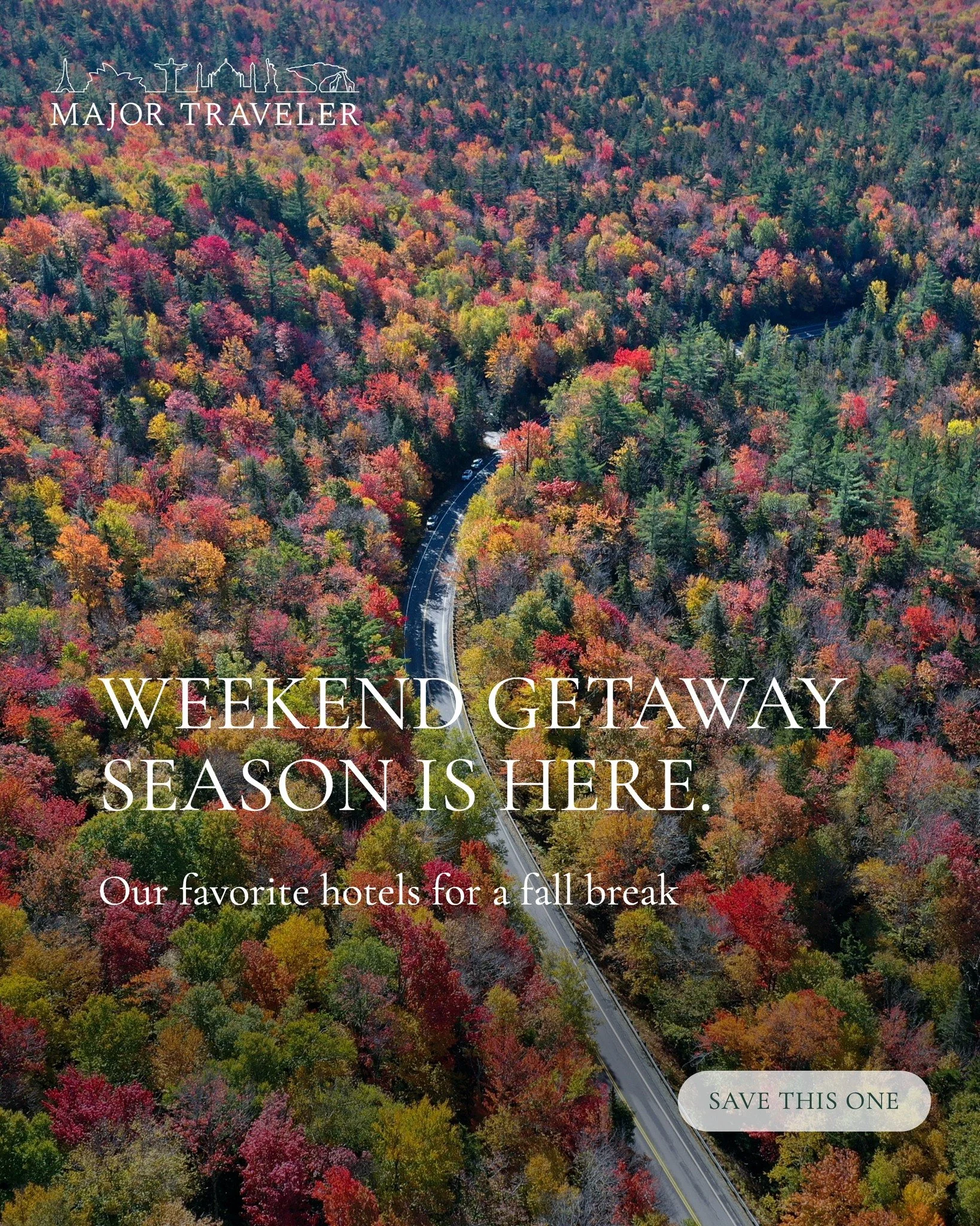 Fall is weekend getaway season, and the US has some really good ones right now.

The leaves in Vermont and New Hampshire are doing their thing. The Smoky Mountains are quieter than summer and somehow prettier. Charleston is perfect when the heat fina