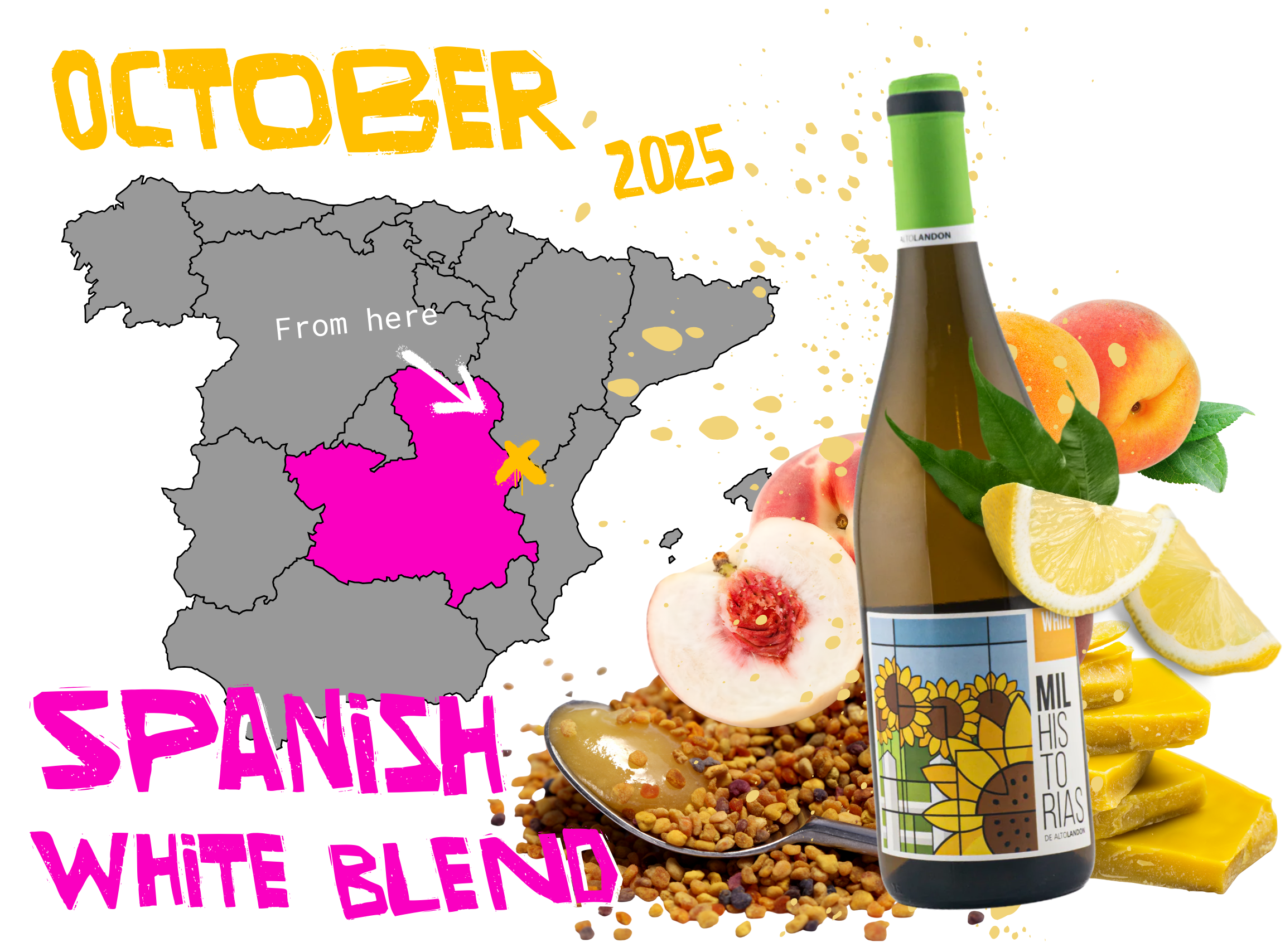 A collage promoting the October 2025 club wine. A map of Spain with the La Mancha region shaded in, with vibrant white peach, a wine bottle labeled 'Mil Historias,' beeswax, bee pollen, a sliced lemon, and bold text that reads SILKY DIVINE