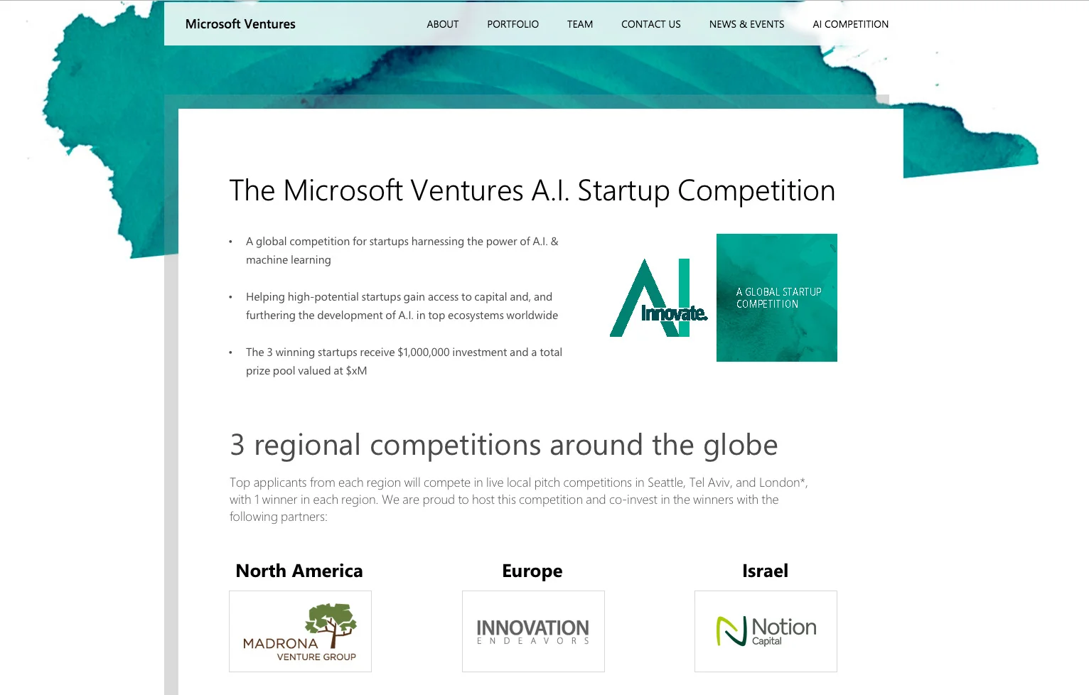 Web page for Microsoft Ventures A.I. Startup Competition, featuring a title, description, logo, and partner logos for North America, Europe, and Israel.