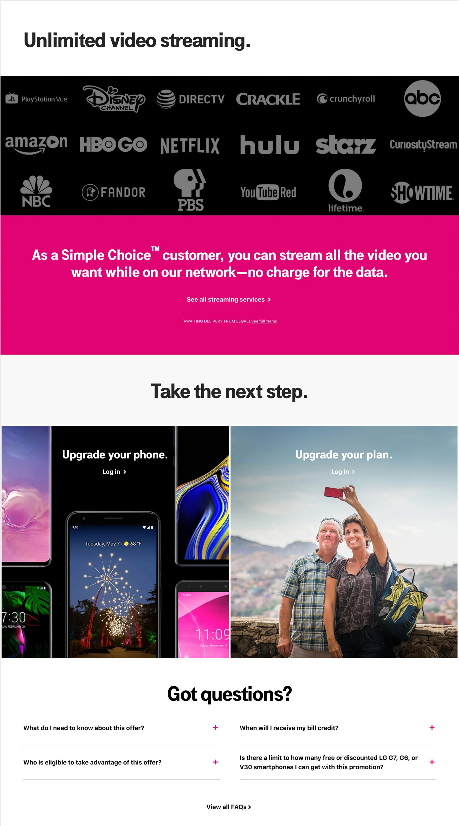 A promotional webpage for streaming service offers, featuring logos of various streaming platforms at the top, a bold message about unlimited video streaming, options to upgrade phone and plan, and a FAQ section with questions and answers.