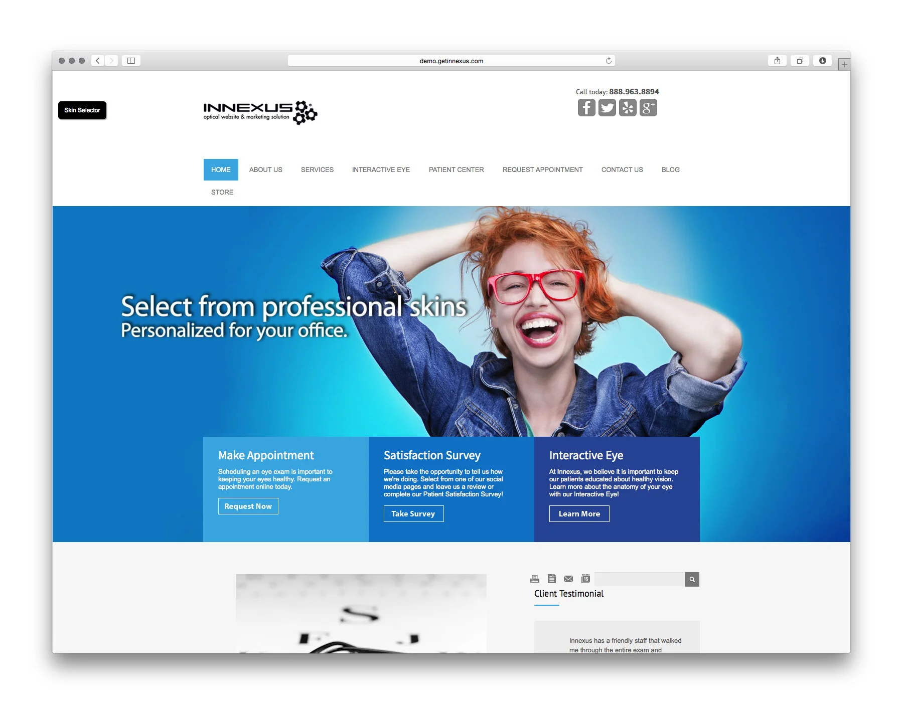 A woman with red curly hair and red glasses laughing with her hands behind her head, wearing a denim shirt, in front of a blue background on a website homepage for an eye care clinic.