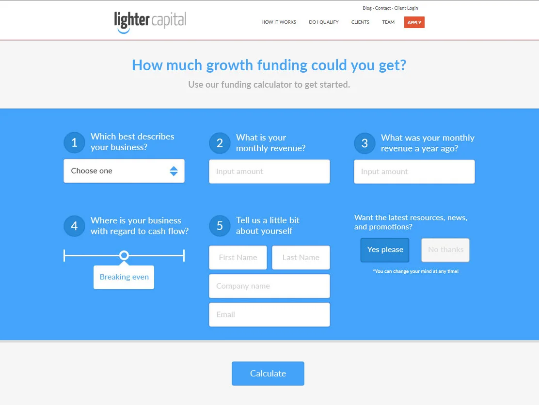 A webpage from Lighter Capital offers a funding calculator to estimate growth funding for businesses. It includes questions about business description, monthly revenue, past revenue, cash flow, personal and company details, and newsletter preferences, with a 'Calculate' button at the bottom.