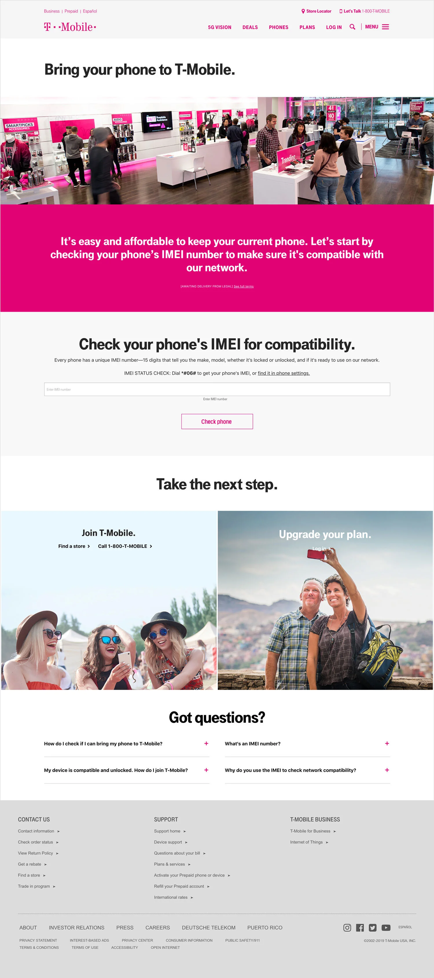 T-Mobile webpage with store interior, customer service areas, and promotional sections about checking IMEI for phone compatibility and plan upgrades.
