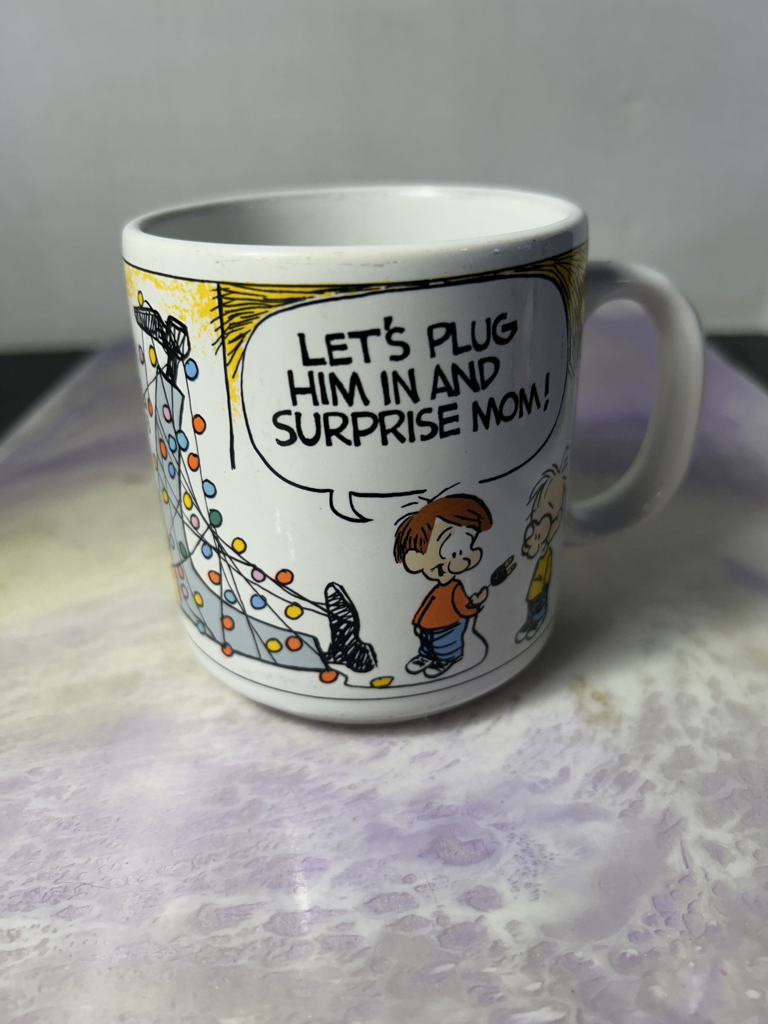 Vintage 1990's Russ Co. Christmas Coffee Cup / Mug - Let's Plug Him in and Surprise Mom -