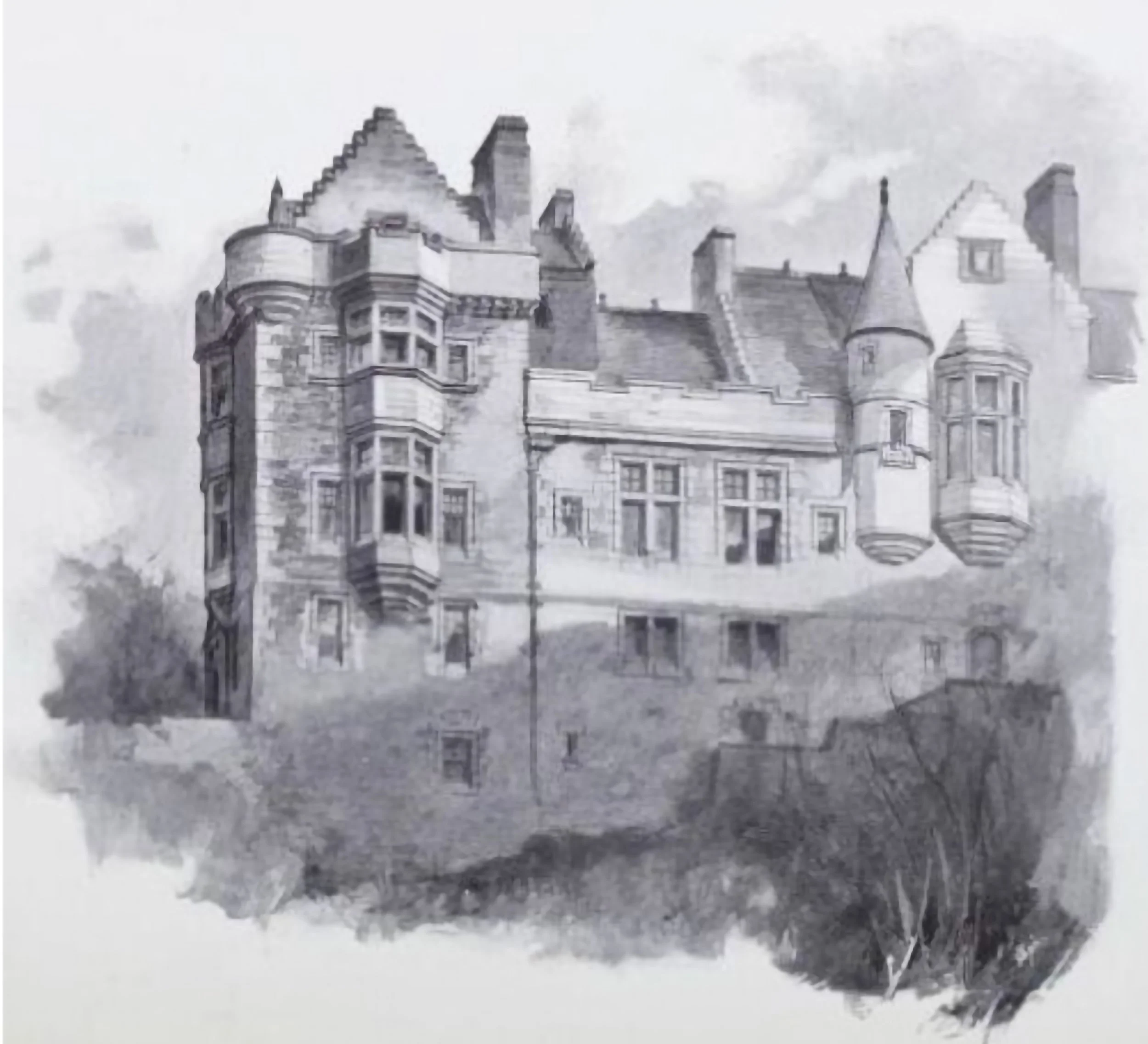 A black-and-white sketch of a castle with multiple turrets and windows reflecting in water.