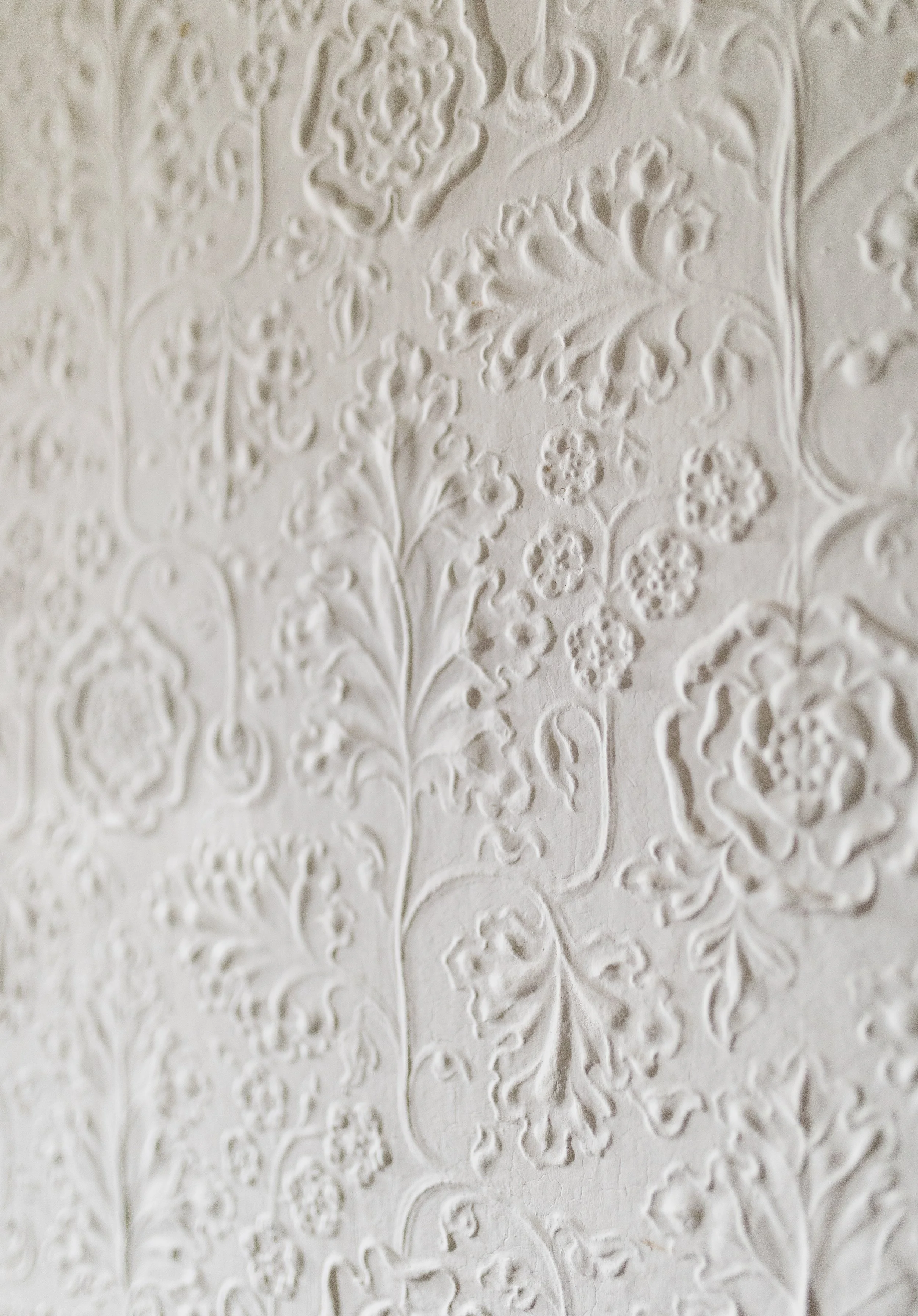 Close-up of an embossed floral pattern on a textured white surface.