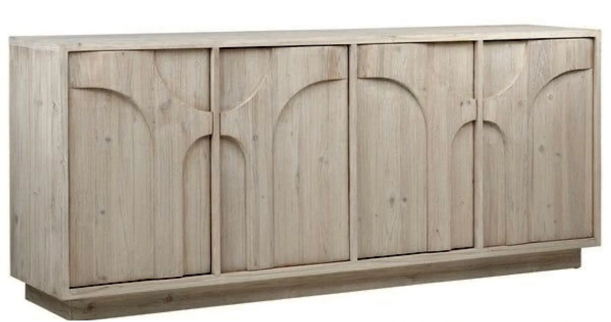 Light wood sideboard with four doors featuring carved arch designs.