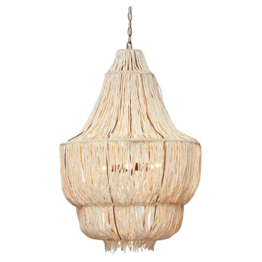 Chandelier made of woven rattan or similar material, hanging from a chain.