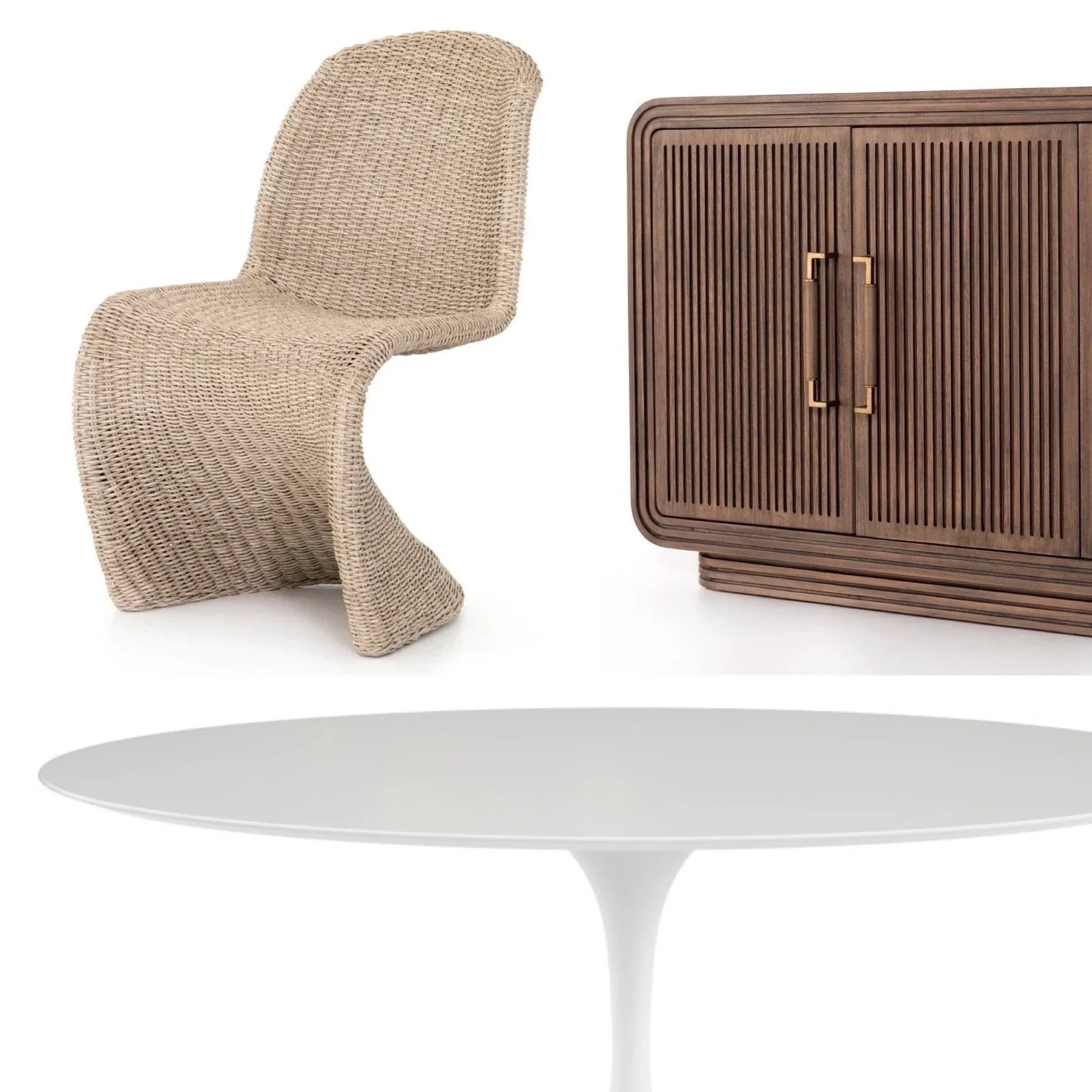 Set of modern furniture including a woven rattan chair, a wooden cabinet, and a white round table.