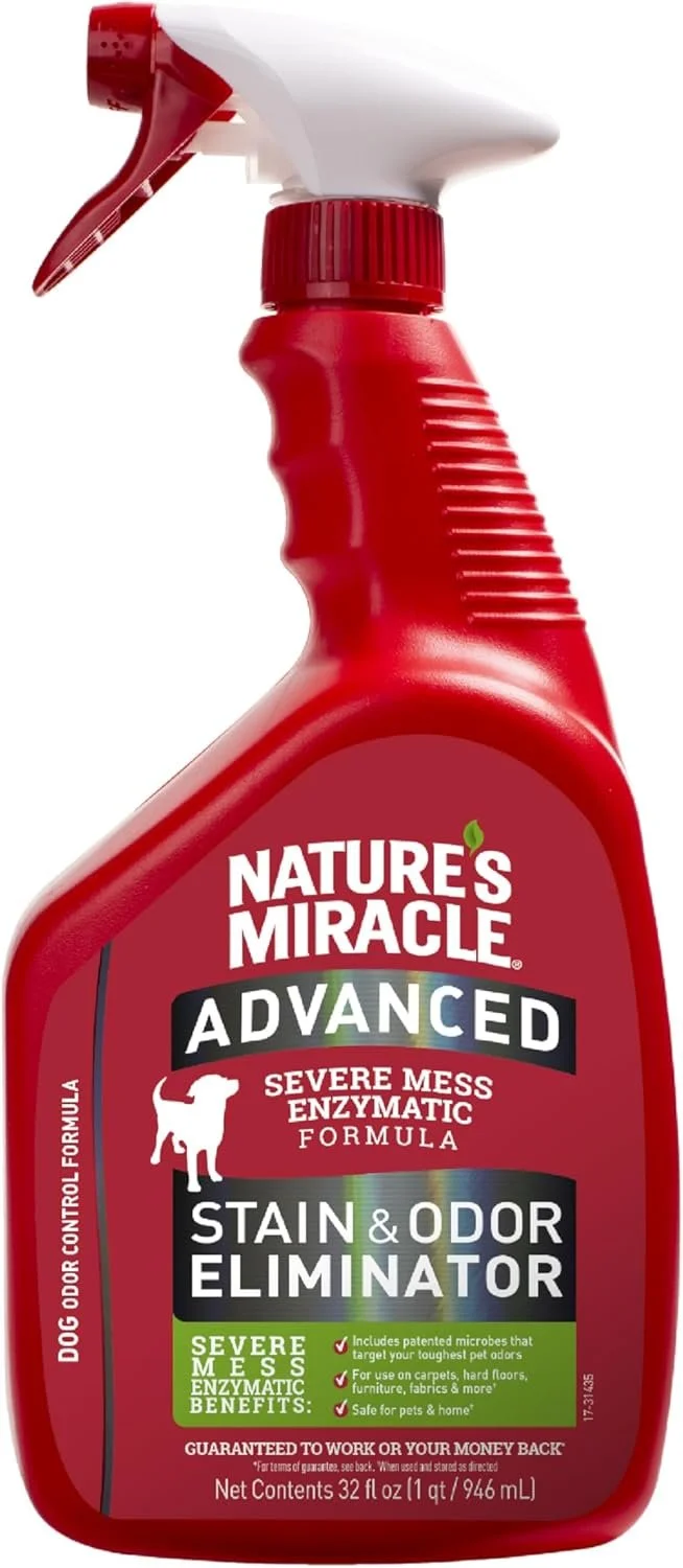 Nature’s Miracle Advanced Stain and Odor Eliminator Dog Spray, Fresh Scent, Severe Mess Enzymatic Formula for Tough Pet Messes, 32 Ounces, Red